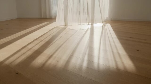 Sunlight streaming through sheer curtains casting striped shadows on a wooden floor.