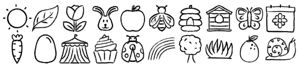 Nature animal doodle hand drawn, spring garden icons collection, scrapbook sticker set elements, rabbit butterfly bee apple tulip snail rainbow tree cupcake © Ydzv Dsgn