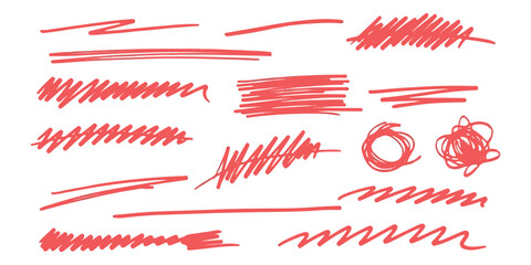 Set of hand drawn red pencil scribbles and highlight lines for text marking ©  Designer
