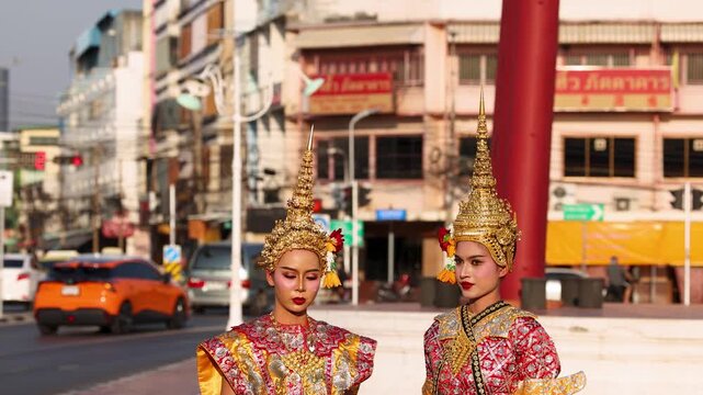 Two Thai Khon Dancers in Traditional Costume Perform in Bangkok