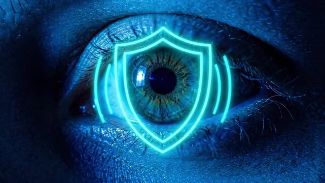 Human eye protection with neon digital shield graphic pulsing in blue light atmosphere, macro shot