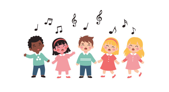 Diverse group of happy children singing together with musical notes in the air