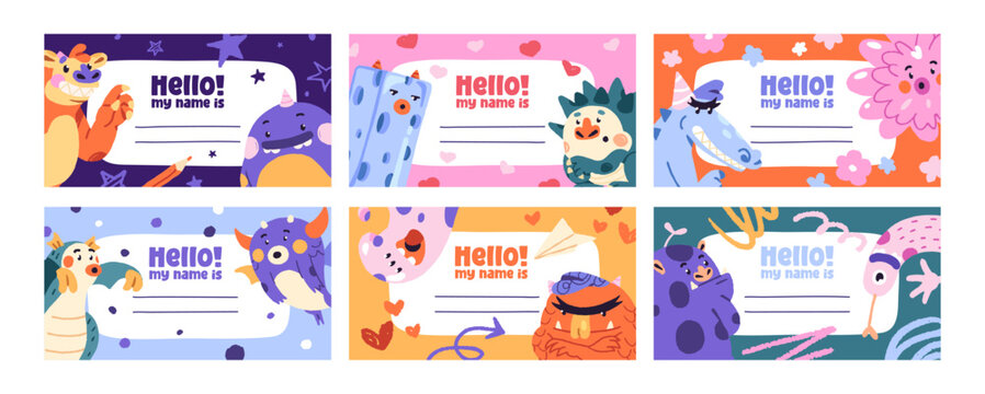 Hello, my name is stickers set. Funny designs of kids tags, labels for elementary school and kindergarten. Blank templates with place for text and cute monsters. Flat vector illustrations