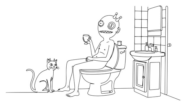 Alien sitting on toilet holding cup with cat watching in bathroom minimalist line art style