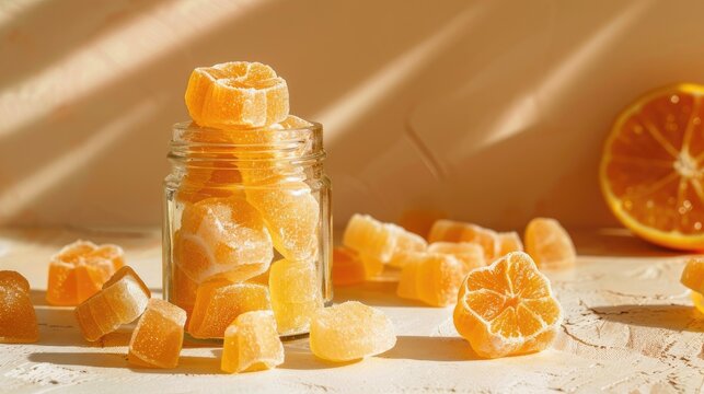 Discover the vibrant allure of orange vitamin fiber gummies in a transparent glass bottle. Elevate your health with delicious and nutritious supplements