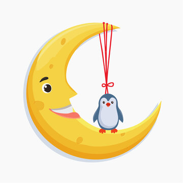 Cute cartoon penguin hanging from a smiling crescent moon