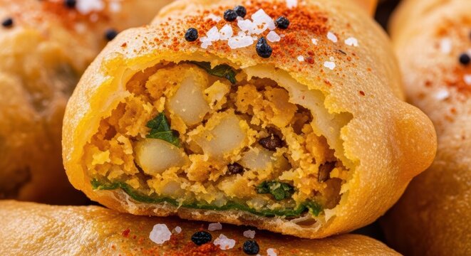 Close-up of a delicious mirchi bajji, a popular Indian snack, cut open to reveal filling