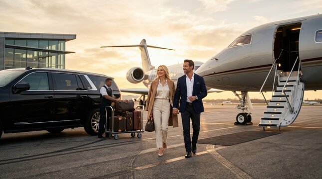 Well-dressed couple walk hand in hand on an airport tarmac beside a private jet and black limousine at sunset; luggage on a cart nearby. Business travel, private jet, airplane, aviation, airport.