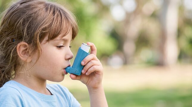Young child in profile uses a blue inhaler outdoors, wearing a light shirt; soft natural light and shallow depth. Child with  inhaler, asthma concept. Breathing, medicine, healthcare.