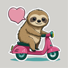 Fototapeta premium Cute Sloth Riding a Pink Scooter with a Heart Speech Bubble