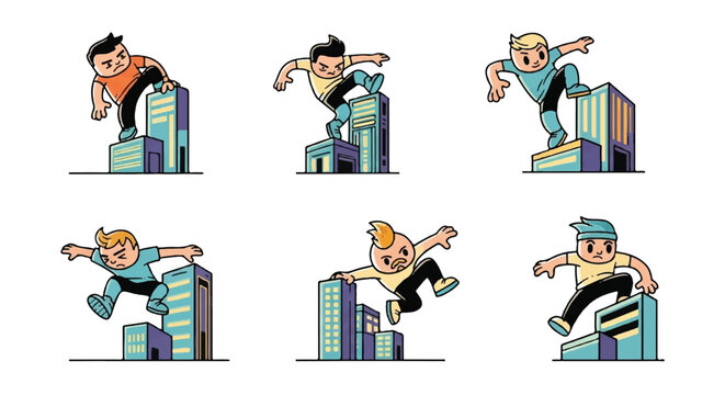 Cartoon figures parkour urban cityscape illustrations