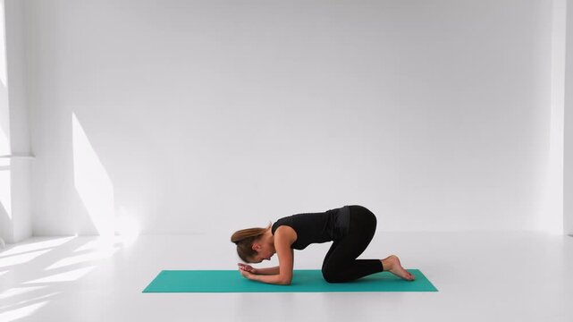 Flexible woman performing a yoga headstand asana in a bright minimalist studio for balance and strength