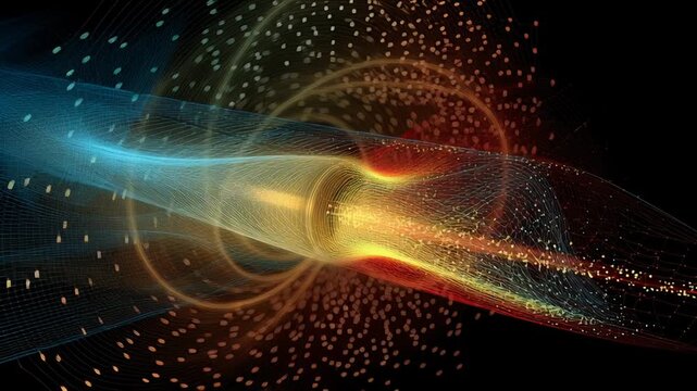 Rotating airplane engine wireframe view concept. Abstract digital art of glowing energy flow with light particles and dynamic waveforms in vibrant colors