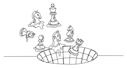 Melting chess pieces falling into a dark hole in surrealist line art style © InsomniaVideo