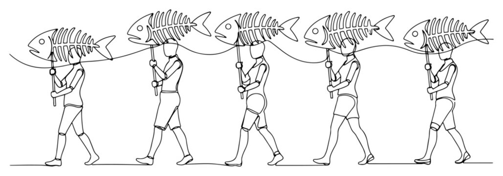 People carrying giant fish skeletons in ritual procession minimalist continuous line art style