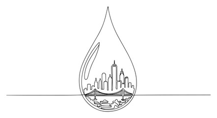 City skyline with skyscrapers and bridge inside water drop in minimalist continuous line art style © InsomniaVideo