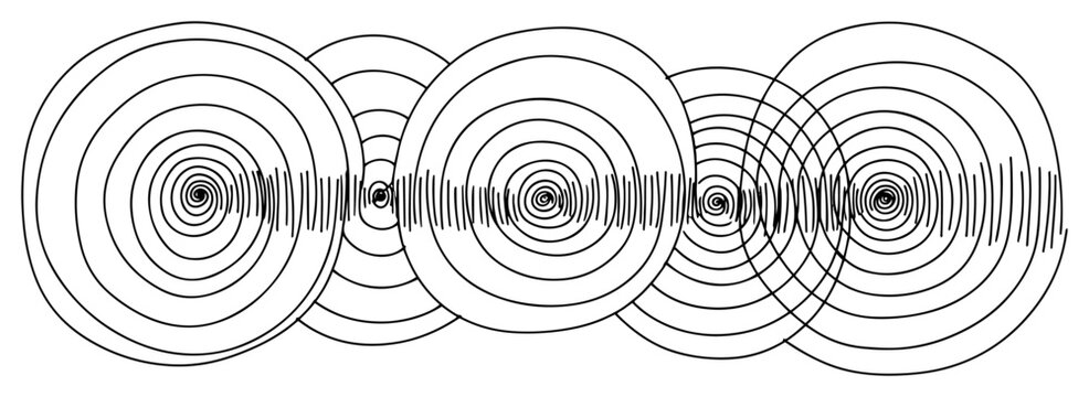 Sound waves and concentric frequency circles overlapping in abstract line art style
