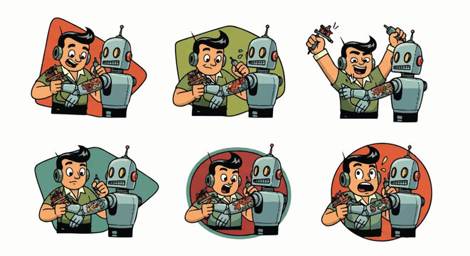 Cartoon illustrations of man interacting with a robot across various emotions