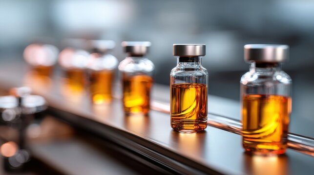 Rows of Sealed Amber Medicine Bottles Moving on a Pharmaceutical Production Conveyor Line