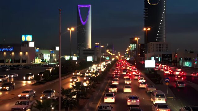 Riyadh City Skyline Aerial View Featuring Kingdom Tower and Heavy Traffic Flow on King Fahd Road, Saudi Arabia.