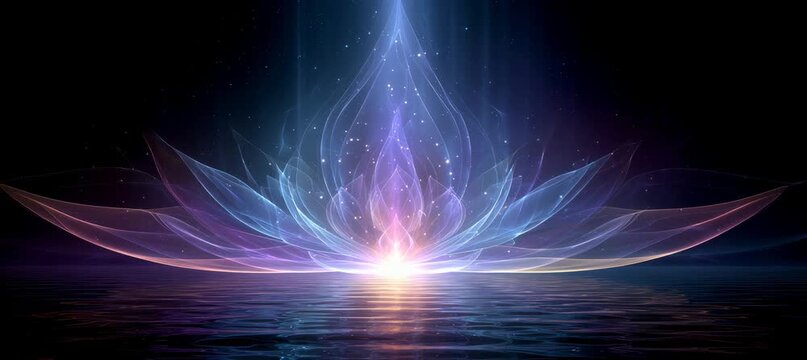 Illuminated lotus flower with chakra light energy. Peace healing vibration. Generative video AI technology.	
