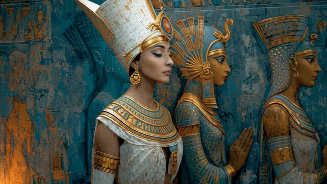 Ancient Egypt Cleopatra Isis Prayer Torchlit Temple Statues Wall Mural Artwork Scene