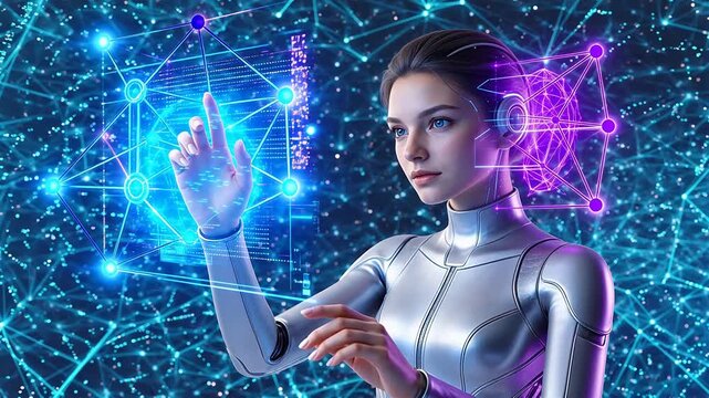 Cybernetic woman interacting with holographic interface