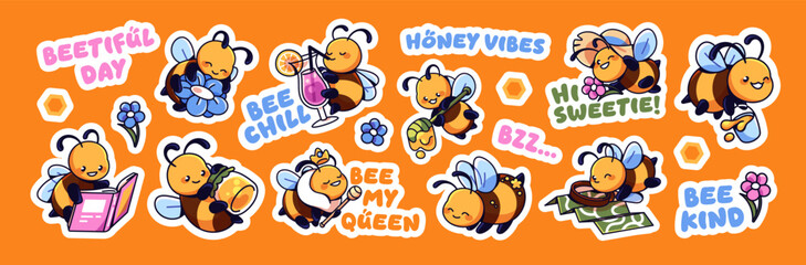 Fototapeta na wymiar Set of cute bees. Sticker pack of funny honeybees with comic phrases. Happy bumblebees holding and eating honey, with flowers, reading books, drinking and flying. Flat isolated vector illustrations