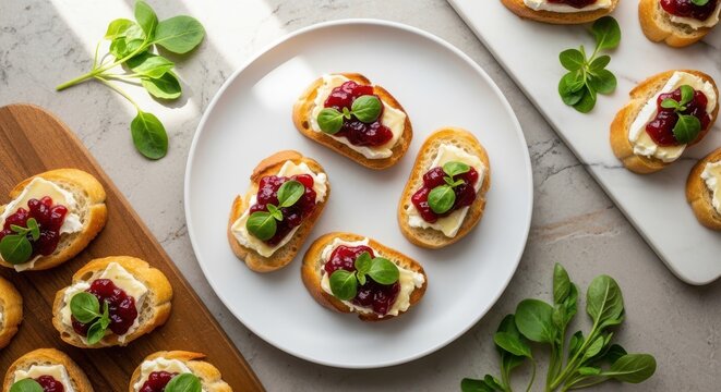 Crostini with brie cheese, cranberry sauce, and fresh herbs on a white plate