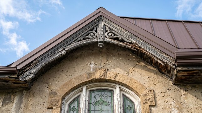 modern metal panels Renovation replaces old roof slope Gothic Revival gable featuring a weathered, hand-carved wooden bargeboard