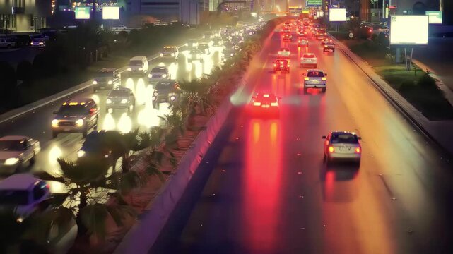 Riyadh City Skyline Aerial View Featuring Kingdom Tower and Heavy Traffic Flow on King Fahd Road, Saudi Arabia.