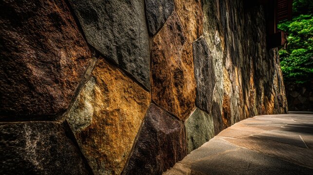 Rough-hewn stone slabs of irregular shapes and sizes forming an ancient, textured wall.
