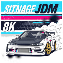 Front view drifting JDM car comic style illustration with smoke and typography © m gusafif