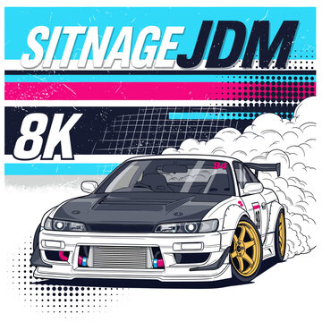 Front view drifting JDM car comic style illustration with smoke and typography