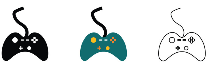 Minimal Game Controller Icons Set in Three Styles. Three game controllers in black, colour, and outline styles, representing gaming, technology, and modern minimalist design concepts. © KD Vector Studio