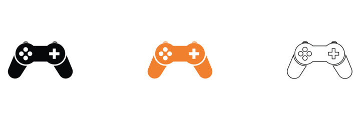 Minimal Game Controller Icons Set in Three Styles. Three game controllers in black, colour, and outline styles, representing gaming, technology, and modern minimalist design concepts. © KD Vector Studio
