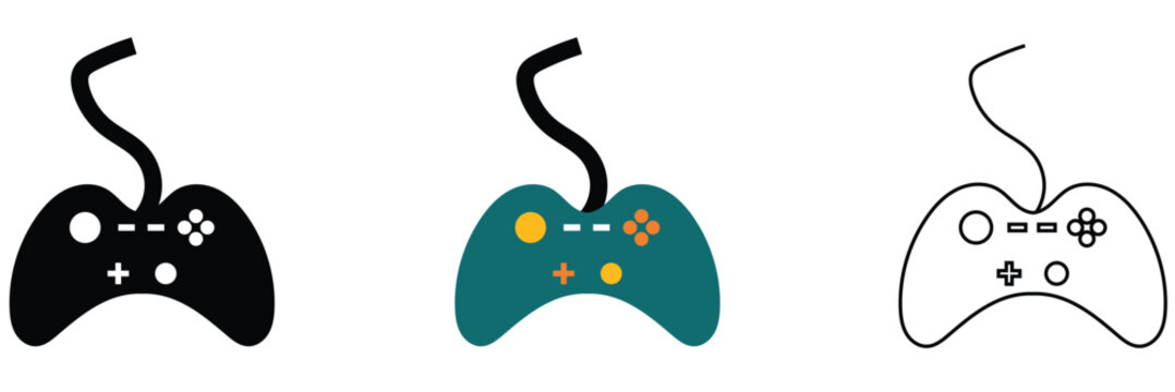 Minimal Game Controller Icons Set in Three Styles. Three game controllers in black, colour, and outline styles, representing gaming, technology, and modern minimalist design concepts.