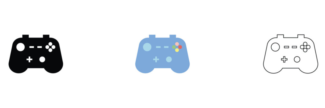 Minimal Game Controller Icons Set in Three Styles. Three game controllers in black, colour, and outline styles, representing gaming, technology, and modern minimalist design concepts.