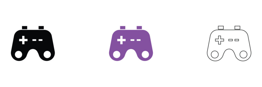Minimal Game Controller Icons Set in Three Styles. Three game controllers in black, colour, and outline styles, representing gaming, technology, and modern minimalist design concepts.