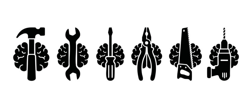 Brain and Construction Tools Icon Set, Mental Skills and DIY Repair Concept, Creative Thinking and Problem Solving Symbols, Engineering Strategy, Technical Innovation Design for Business Industry Proj