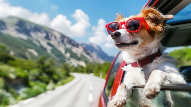 Cruise into fun with a cool dog wearing red sunglasses, leaning out the car window, embodying joy and adventure on the open road.