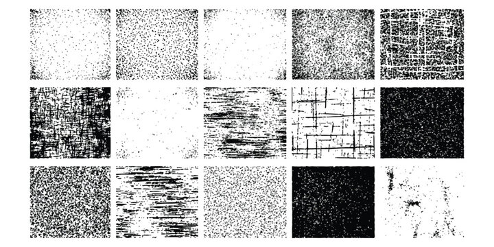Set of black and white grunge texture patterns with distressed lines and rough abstract shapes