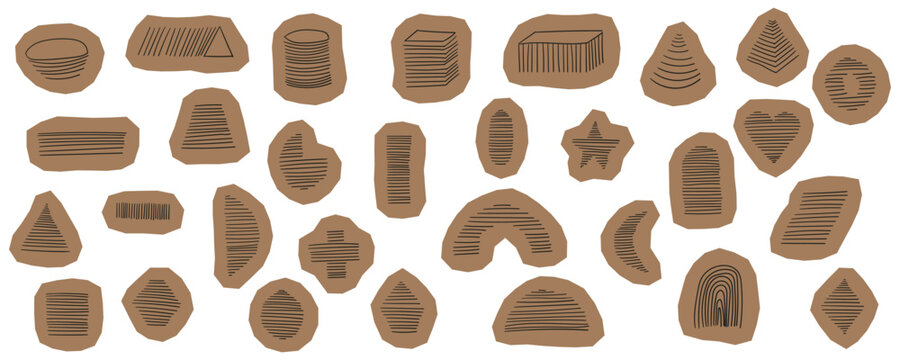Scrapbook set of hand drawn brown organic shapes with black linear patterns and geometric symbols vector design.