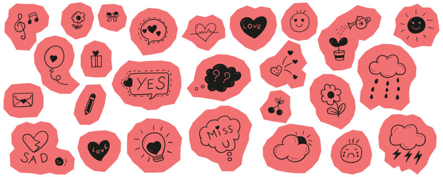 Scrapbook set of hand drawn black line icons on pink shapes including hearts, speech bubbles, weather symbols, and emotional expressions for social media and journaling vector design.