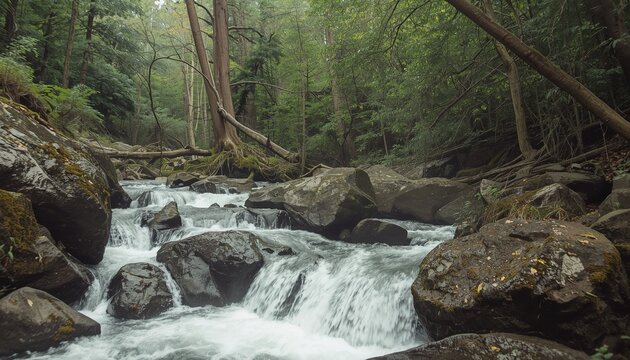 Mountain Stream Flowing Over Rocks in Lush Green Forest with Cascading Waterfall and Dense Trees in Misty Spring Nature