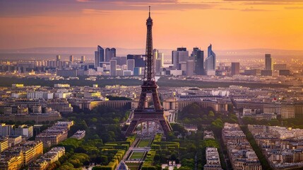 Naklejka premium Experience the grandeur of Paris from above, marveling at the iconic Eiffel Tower and the contemporary skyline of La Defense, a fusion of history and modernity.