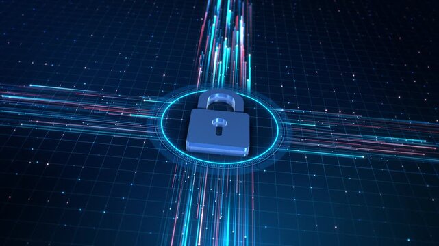 Network Padlock Cyber Defense Visual Metallic padlock on a glowing circular ring streaming packets and gridlines. Perfect for network protection, secure infrastructure, IT security, and data defense