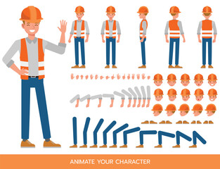 Obraz premium Construction worker Character Constructor – Flat Design Vector Kit with Poses and Facial Expressions for Animation and Explainer Videos
