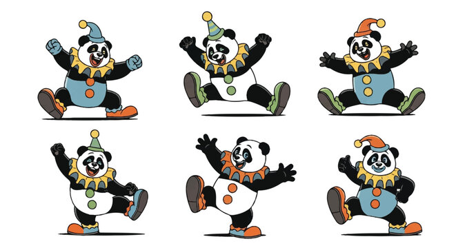 Cartoon pandas in clown costumes performing various actions