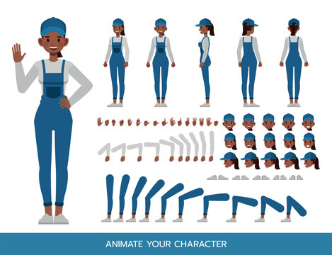 Female handyman wear blue repairman apron Character Constructor &ndash; Flat Design Vector Kit with Poses and Facial Expressions for Animation and Explainer Videos